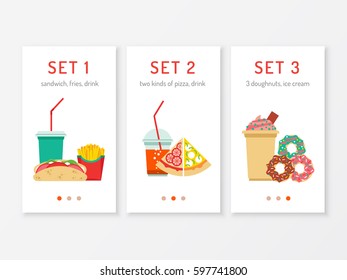 Template mobile menu with a set of fast food for lunch. Vector menu for mobile phone