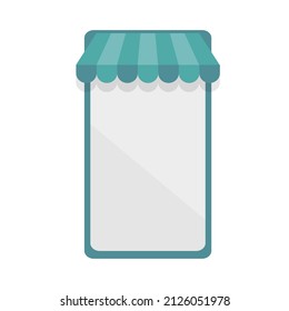 Tienda móvil de plantilla, web, aplicación, ui. Concepto de comercio electrónico. Smartphone con dosel. Ilustración del vector en blanco