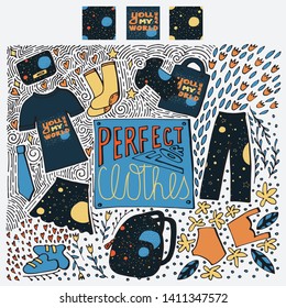Template, mock up for clothers patterns, pictures. Doodle style background for presentations, designs, cards, banners, prints, textile. Three colorful seamless patterns with space and lettering.
