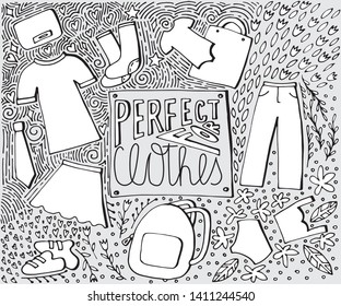 Template, mock up for clothes patterns, pictures with text PERFECT FOR CLOTHES. Background for different clothes presentations, designs, cards, banners, prints, textile. White isolated background.
