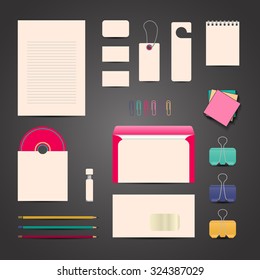 Template and mock up of corporate identity elements. Blank, business cards, customer card, notebook, disk, envelopes, pencils, paper clips , flash card. Vector editable illustration.