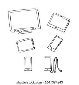 Plantilla, maqueta para pantallas, banners. Objeto para diferentes páginas web, aplicaciones, presentaciones, diseños, banners, publicidad. Línea negra dibuja sobre fondo blanco aislado. Teléfono, cuaderno, smartphone.