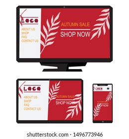 Template, mock up vector illustration for computer, monitor, TV, phone, tablet screens with responsive webpage examples. Background for different apps, websites presentations, designs, banners. 