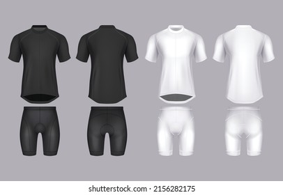 Template and mockup of clear and blank bike and bicycle uniform clothes, realistic tshirt and shorts, front and back side. Realistic vector illustration on transparent background.