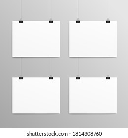 Template or mockup of empty paper A4 size sheets or billboards hanging on wall with cord strings, 3d realistic vector illustration isolated on gray background.