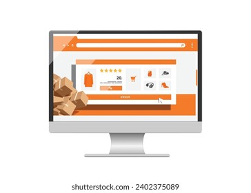 Template or Mockup as for product placement computer screen online shopping application,many products are displayed on laptop screen and and there is buy button in middle,vector 3d for delivery