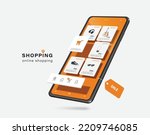 Template or Mockup as for product placement on smartphone online shopping application, many products are displayed on smartphone screen and sale tag label hangs below,vector 3d isolated  for design