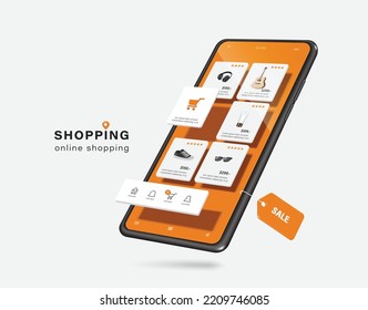 Template or Mockup as for product placement on smartphone online shopping application, many products are displayed on smartphone screen and sale tag label hangs below,vector 3d isolated  for design - Shutterstock ID 2209746085