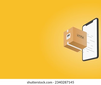 Vorlage oder Mock-up wie für die Produktplatzierung auf Smartphone-Online-Shopping-Anwendung, Lieferbox auf Smartphone-Bildschirm und Verkaufs-Tag-Etikett, Vektor 3d isoliert für Design. Schachtel und Smartphone