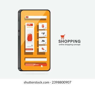 Plantilla o Mockup en cuanto a la colocación de productos en la aplicación de compras en línea de smartphone, muchos productos se muestran en pantalla de smartphone, vector 3d aislado para el diseño de comercio electrónico