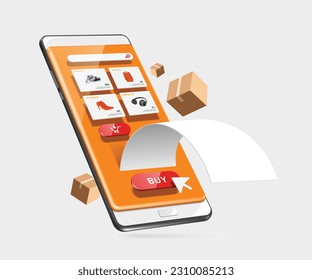 Template or Mockup as for product placement, parcel box or cardboard box, buy icon, add to basket icon, paper receipt all display on smartphone screen, vector 3d for e commerce, online shopping 