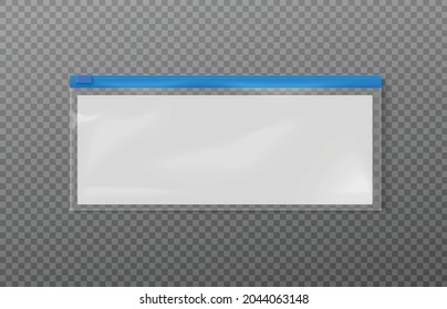 Plantilla o simulación de la bolsa de cierre transparente de plástico sellada con hoja de papel acoplada y ziplock azul, ilustración vectorial realista aislada en fondo transparente.