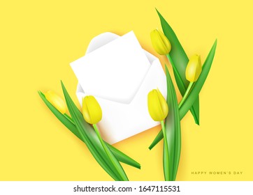 Template, Mockup. Top view on a yellow background are 3d yellow tulips, in an envelope a postcard for signature, realistic vector illustration. signature - happy womens day.