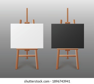 Plantilla o simulación de dos paneles o lienzos horizontales en blanco y negro sobre el caballete del artista, ilustración vectorial realista aislada en el fondo.