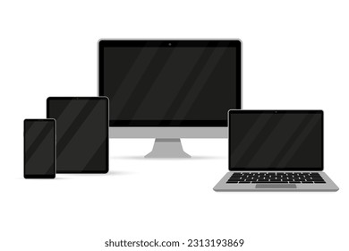 Template modern electronic devices. Set of computer monitor, laptop, phone, tablet, isolated on white background. Flat vector illustration