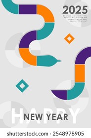 Template of modern geometric card, poster design for 2025 Year of the Snake with bold orange, cyan, purple segments forming a snake on white background with abstract circular pattern and greeting text