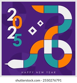 Template of modern greeting card with geometric rectangle shapes in the form of a coiled snake in orange,cyan, white and purple colors. Minimalist trendy poster for 2025 Lunar New Year of the Snake