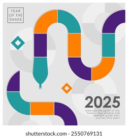 Template of modern greeting card with geometric rectangle shapes in the form of a coiled snake in orange, cyan, purple and white colors. Trendy minimalist poster for 2025 Lunar New Year of the Snake