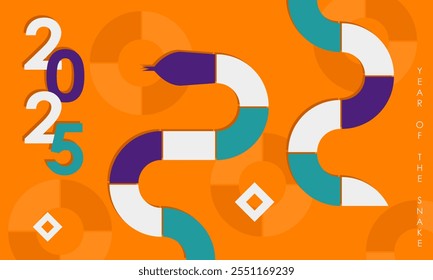 Template of modern greeting card with geometric rectangle shapes in the form of a coiled snake in cyan, purple, orange and white colors. Minimalist trendy banner for 2025 Lunar New Year of the Snake 