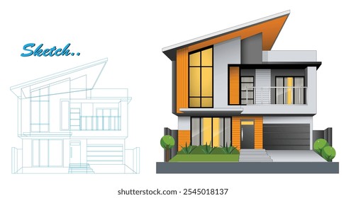 Template of Modern Minimalist House Design with Blueprint Sketch
