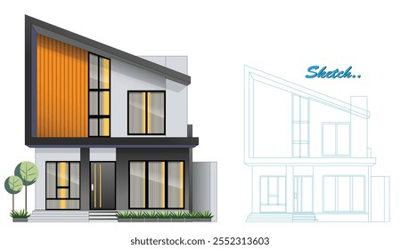 Template of Modern Minimalist House Design with Blueprint Sketch