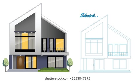 Template of Modern Minimalist House Design with Blueprint Sketch