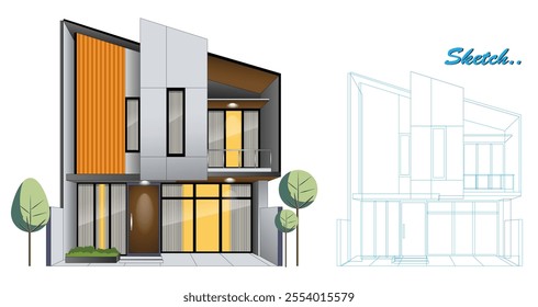 Template of Modern Minimalist House Design with Blueprint Sketch