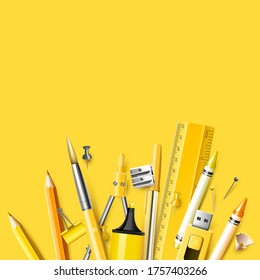 Template with modern orange and yellow school accessories on yellow background.