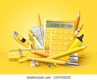 Plantilla con accesorios modernos de escuela naranja y amarillo sobre fondo amarillo.