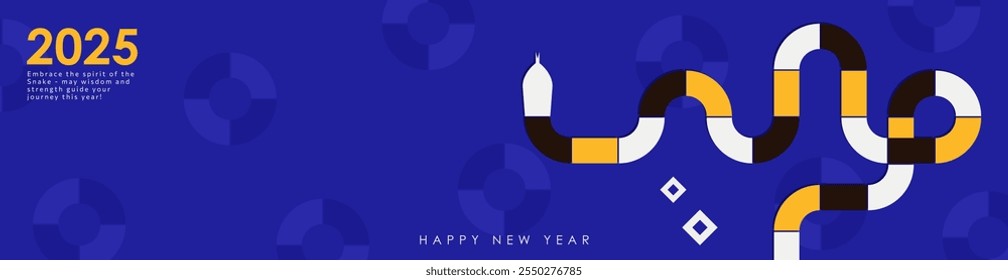 Template of modern panoramic banner with geometric rectangle shapes in the form of coiled snake in yellow, blue, black and blue colors. 2025 Lunar New Year of Snake minimalist header with copy space