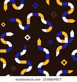 Template of modern seamless pattern with geometric rectangle shapes in the form of a coiled snake in yellow, blue, black and white colors. Minimalist trendy wallpaper with serpents in Bauhaus style