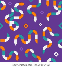 Template of modern seamless pattern with geometric rectangle shapes in the form of a coiled snake in orange, purple, cyan and white colors. Minimalist trendy wallpaper with serpents in Bauhaus style