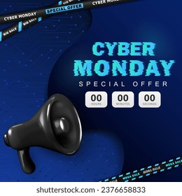 Template of Сyber Monday ad square hi-tech banner with super sale countdown, glitched neon text, black loudspeaker and barrier tapes. Promo poster with discount timer on technology network background