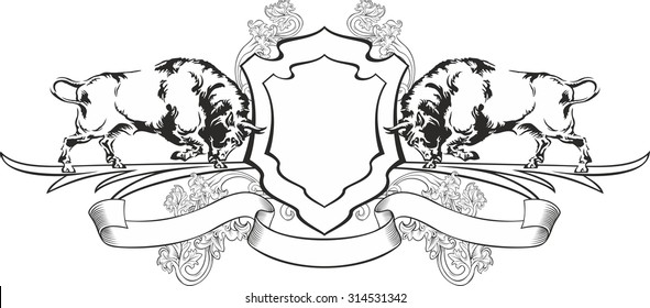 Template monogram. Vintage logo with bulls. Motto. Vector illustration for restaurant, cafe, pub, business, heraldic.