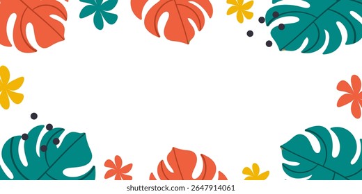 Template with monstera leaves, flowers, tropical motif, bright colors. Space for text. Green, red and yellow elements. Vector illustration.