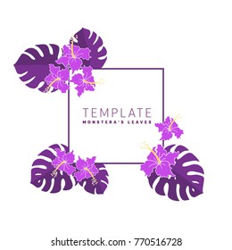 Template with monstera leaves on a white background