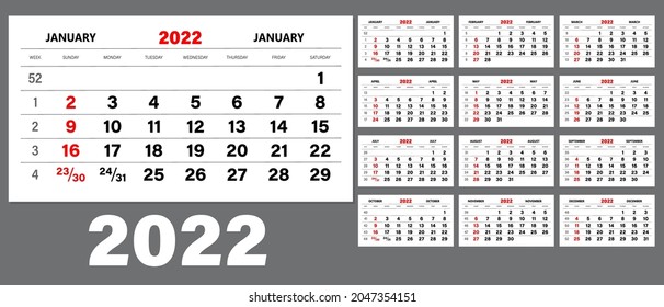 The template of the monthly calendar for 2022. The week starts on Sunday. Wall calendar in a minimalist style.