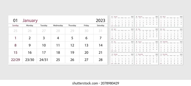 The template of the monthly calendar for 2023. The week starts on Sunday. Wall calendar in a minimalist style.