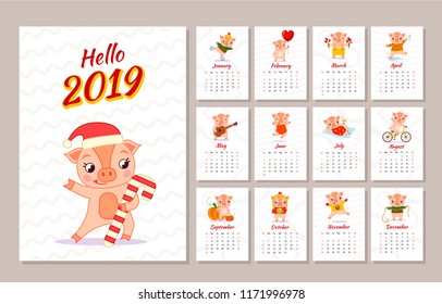 Template of monthly calendars 2019. Illustration of cute pigs. Chinese calendar for the year of pig 2019.
