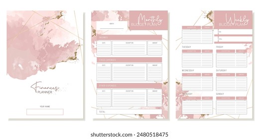 Template of monthly and weekly finance planner with watercolor pink spots with glitter. Delicate design for girls and women. Vector