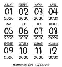 Template of months title 2020. Set of handwritten months names January, February, March, April, May, June, July, August, September, October, November,December for calendar, planner, bullet journal