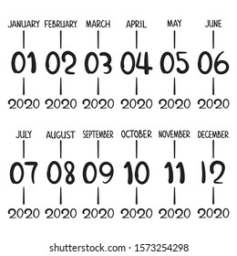 Template of months title 2020. Set of handwritten months names January, February, March, April, May, June, July, August, September, October, November,December for calendar, planner, bullet journal