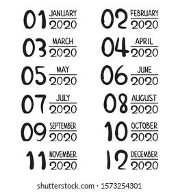 Template of months title 2020. Set of handwritten months names January, February, March, April, May, June, July, August, September, October, November,December for calendar, planner, bullet journal