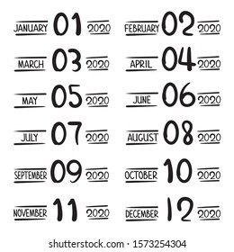 Template of months title 2020. Set of handwritten months names January, February, March, April, May, June, July, August, September, October, November,December for calendar, planner, bullet journal