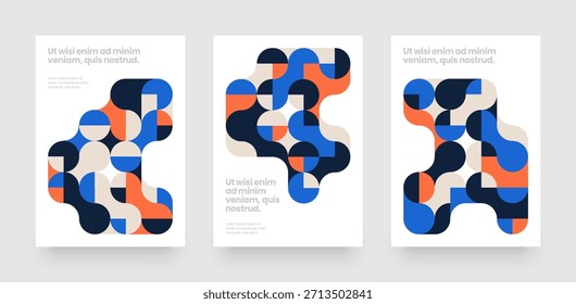 Plantilla con Formas geométricas de mosaico. Fondos Abstractas de patrón geométrico Bauhaus con fusión metabólica. Diseño para flyer, póster o portada. 