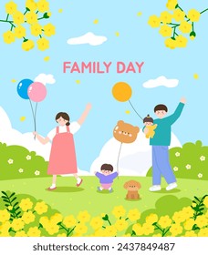 A template of a mother, father, and children happily holding balloons on a picnic