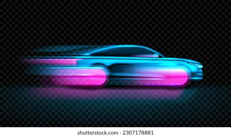 Plantilla de la silueta de neón en movimiento brillante de coche deportivo. Ilustración vectorial con vista lateral en el coche de alta velocidad en movimiento con silueta brillante aislada en el fondo a cuadros. Concepto de vehículo eléctrico.