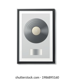 Template of music award in shape of vinyl record disc, realistic vector illustration isolated on white background. Music vinyl audio album disk in wooden frame.