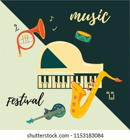 Template for music festival, jazz party, invitation, greeting card, concert poster, web. Vector illustration with saxophone, piano, guitar, french horn, drum. Flat style.