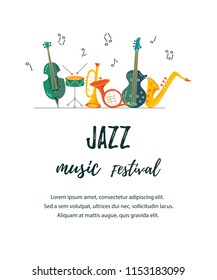 Template for music festival, jazz party, invitation, greeting card, concert poster. Vector illustration with saxophone, guitar, violin, french horn, drum. Flat style.